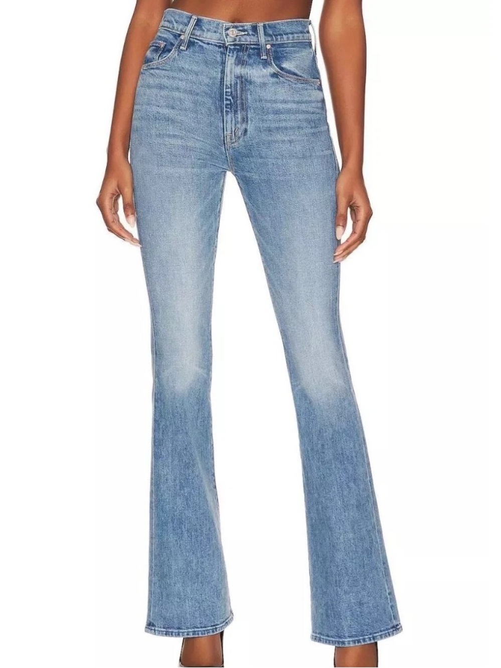 MOTHER High-Waist Weekender Slice Heel Flare Jeans Mid-Blue Wash Belle De Jour